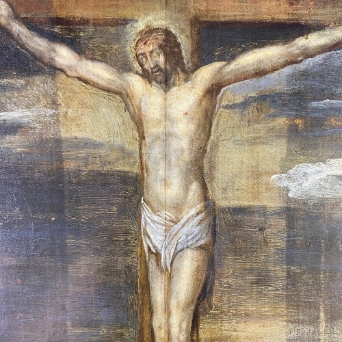 Paintings & Drawings  - Painting of the crucifixion of christ with donors. German, c.1633.