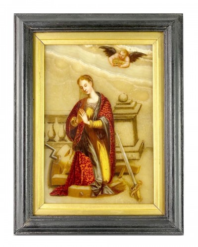Peinture en albâtre de Sainte Catherine d'Alexandrie. Florentine, 17e siècle