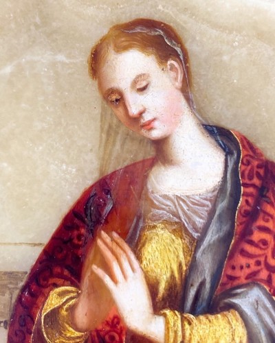 Art sacré, objets religieux  - Peinture en albâtre de Sainte Catherine d'Alexandrie,Florence 17e siècle