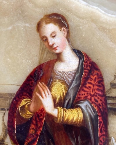 Antiquités - Peinture en albâtre de Sainte Catherine d'Alexandrie,Florence 17e siècle
