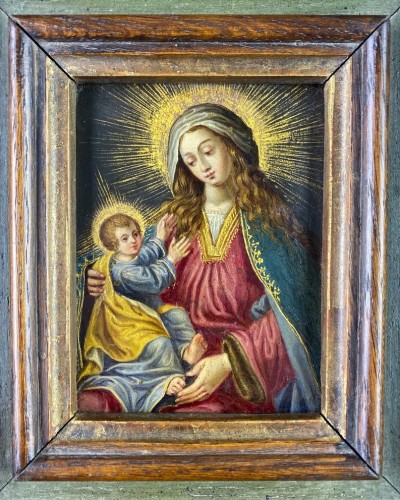 Art sacré, objets religieux  - Cabinet peinture de la vierge et de l'enfant, Espagne milieu du 17e siècle