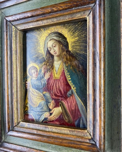 XVIIe siècle - Cabinet peinture de la vierge et de l'enfant, Espagne milieu du 17e siècle