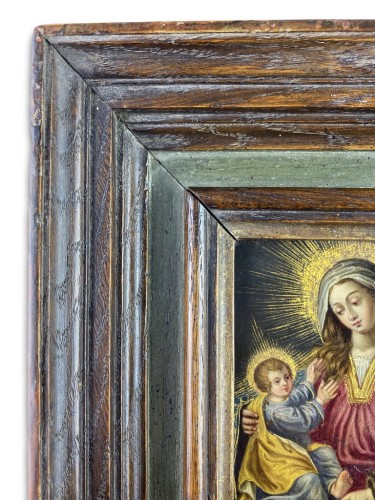 Antiquités - Cabinet painting of the virgin &amp; child. Spanish, mid 17th century.