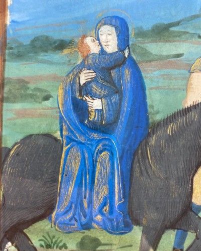 Flight into Egypt manuscript page. French, possibly Paris, 16th century. - Religious Antiques Style 