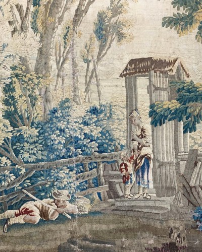 Pastoral tapestry family in a woodland garden. Aubusson, c.1760-1770. - Tapestry & Carpet Style 