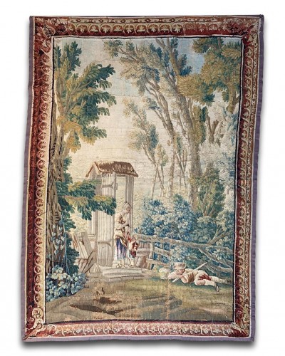 Antiquités - Famille de tapisserie pastorale dans un jardin boisé. Aubusson, vers 1760-1770.