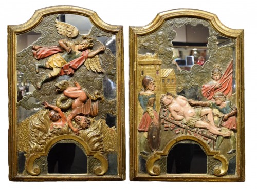 Pair of wooden reliefs of Saint Michael & Lawrence. Spain17th century