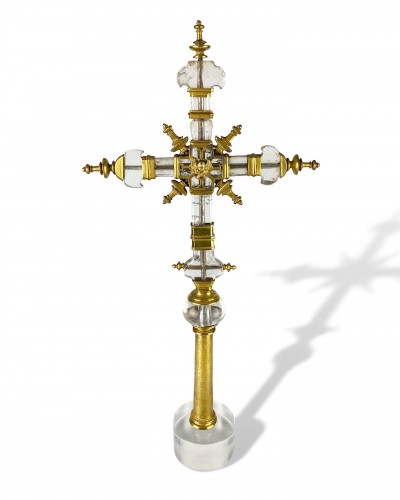 Art sacré, objets religieux  - Importante croix processionnelle en cristal de roche, Espagne 13e / 14e siècle