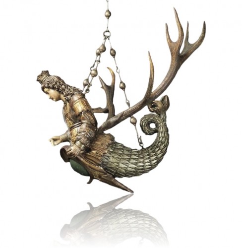 Lighting  - Wood &amp; antler Lüsterweibchen of a Mermaid King. German, 17th century.