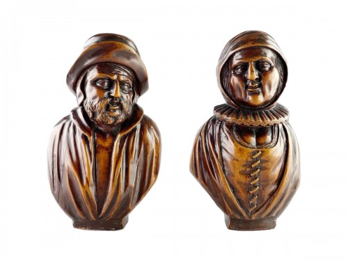 A pair of boxwood busts of a man &amp; his wife. Flemish, mid 18th century.