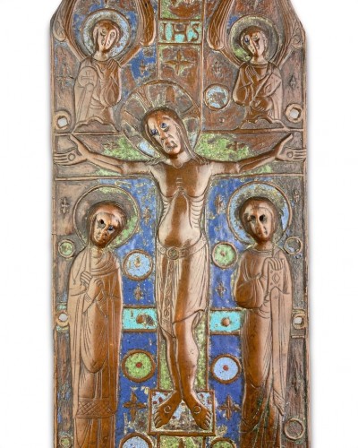 Antiquités - Champlevé enamel book cover with the Crucifixion. Limoges, France, c.1200.