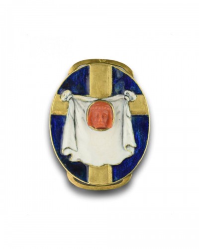 Enamelled gold slide set with a coral cameo of Christ. French, 17th century