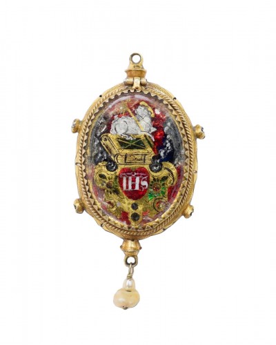 Silver gilt and rock crystal verre églomisé pendant. German circa 1600
