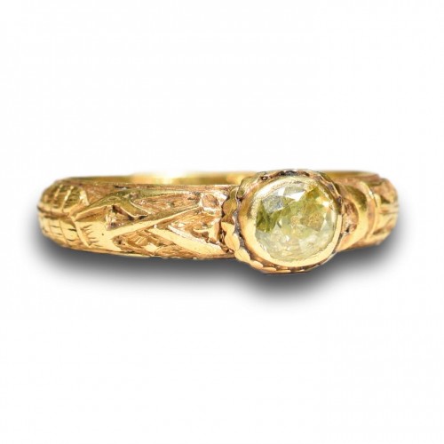 Antiquités - Bague de deuil squelette géorgienne sertie d'un diamant jaune antique