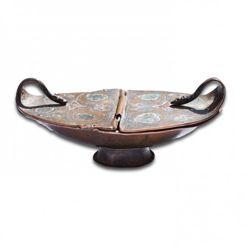 Religious Antiques  - Champleve enamelled copper incense boat. Limoges, France, early 13th centur