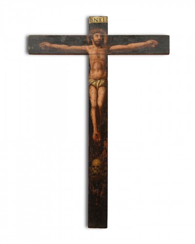 Walnut crucifix painted with the Cristo Vivo. Spain mid 17th century.