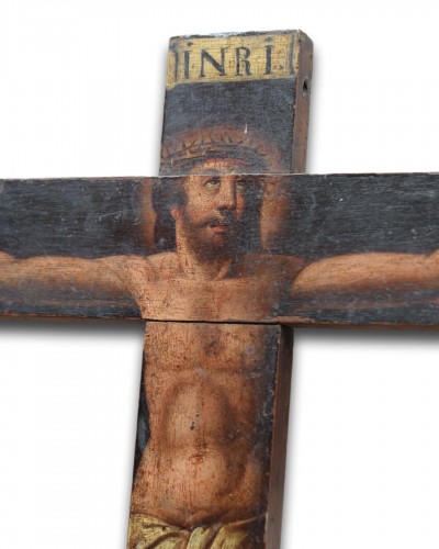 Religious Antiques  - Walnut crucifix painted with the Cristo Vivo. Spain mid 17th century.