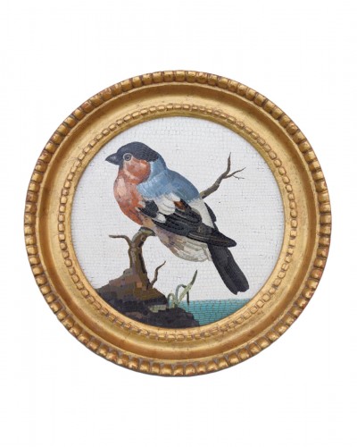 Large framed micromosaic plaque with a bull finch. Rome, circa. 1800.