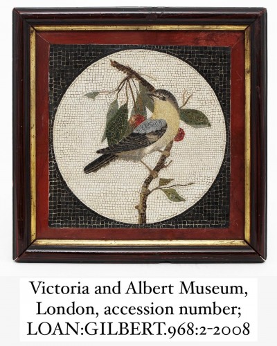 Large framed micromosaic plaque with a bull finch. Rome, circa. 1800. - 