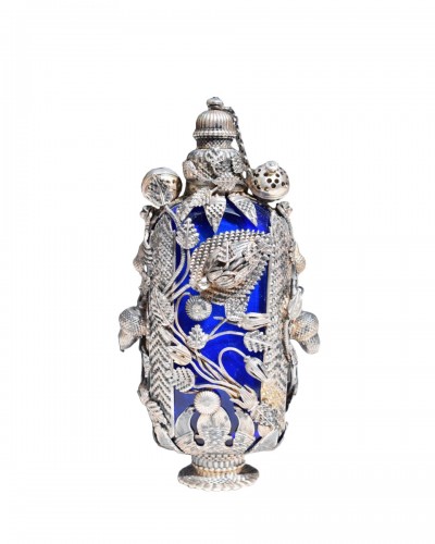 Silver mounted blue glass scent bottle. German, late 18th cen