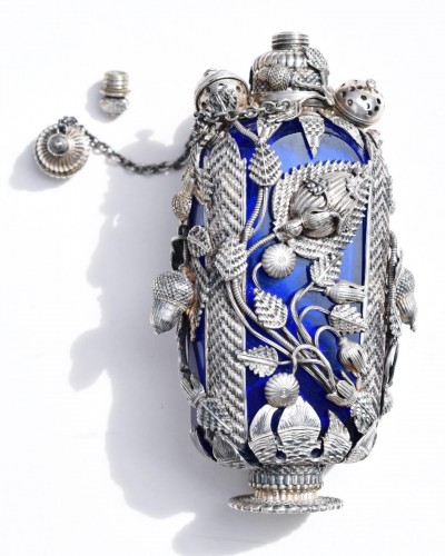  - Silver mounted blue glass scent bottle. German, late 18th cen