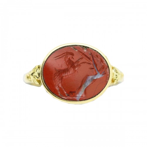 Gold Ring With A Jasper Intaglio Of A Grazing Goat. Roman, 1st - 2nd Centur