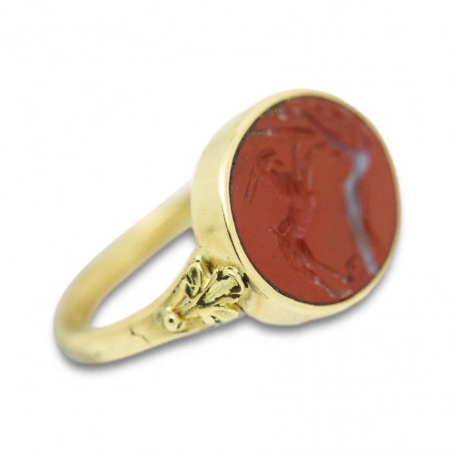  - Gold Ring With A Jasper Intaglio Of A Grazing Goat. Roman, 1st - 2nd Centur