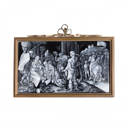 En Grisaille Enamel Plaque Of The Adoration Of The Magi. Limoges, 19th Cent