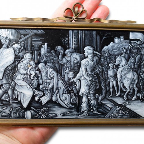 Art sacré, objets religieux  - Plaque en émail grisaille de l'adoration des Mages - Limoges XIXe siècle