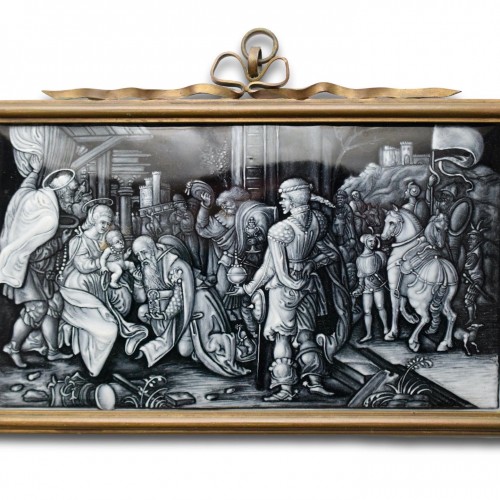 XIXe siècle - Plaque en émail grisaille de l'adoration des Mages - Limoges XIXe siècle