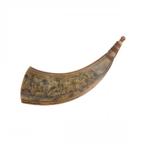 Engraved cow horn powder flask. Bavaria, Germany, mid 18th century.