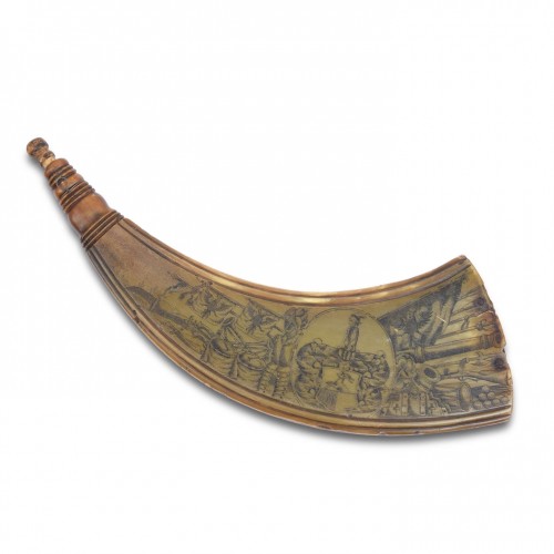 Engraved cow horn powder flask. Bavaria, Germany, mid 18th century. - Collectibles Style 