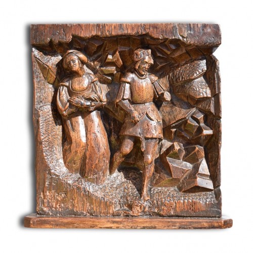 Antiquités - Oak Relief Of Saint Longinus And The Virgin. Flemish, Early 16th Century.