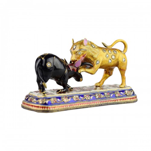 Enameled Gold Sculpture Of A Lion Attacking An Ox. Indian, 19th-20th Centur