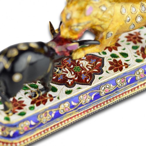 Objects of Vertu  - Enameled Gold Sculpture Of A Lion Attacking An Ox. Indian, 19th-20th Centur