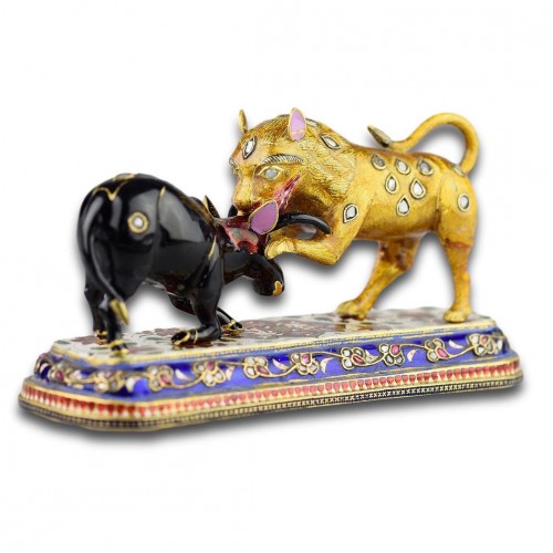  - Enameled Gold Sculpture Of A Lion Attacking An Ox. Indian, 19th-20th Centur