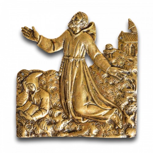 Antiquités - Bronze plaquette of the apparition of Saint Bruno. French, late 17th centur