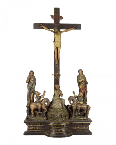 Polychromed wooden calvary altarpiece. French, mid 16th century