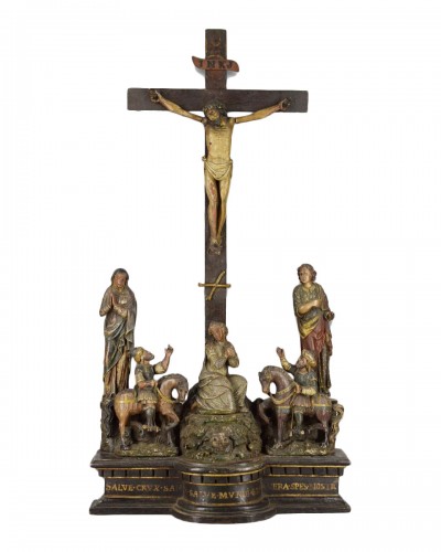 Retable de calvaire en bois polychrome, Français milieu du XVIe siècle