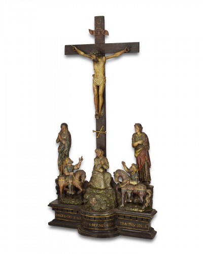 Polychromed wooden calvary altarpiece. French, mid 16th century - Religious Antiques Style 
