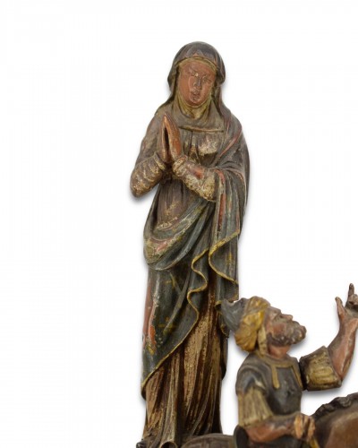 XVIe siècle et avant - Retable de calvaire en bois polychrome, Français milieu du XVIe siècle