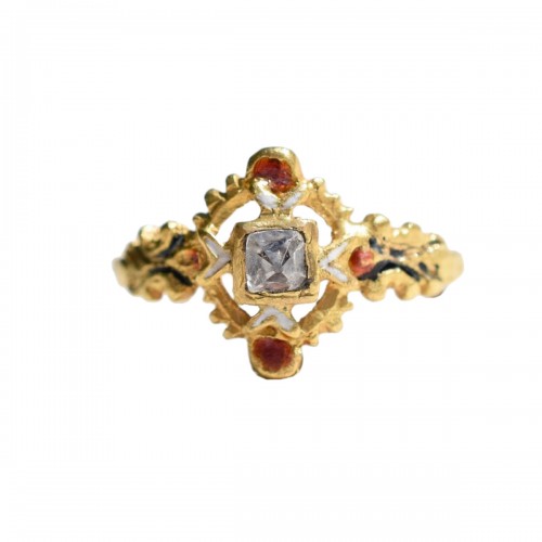 A High Carat Gold And Enamel Ring Set With A Point Cut Diamond. Spanish