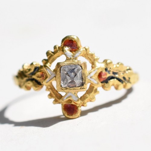 Antique Jewellery  - A High Carat Gold And Enamel Ring Set With A Point Cut Diamond. Spanish