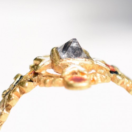 A High Carat Gold And Enamel Ring Set With A Point Cut Diamond. Spanish - 
