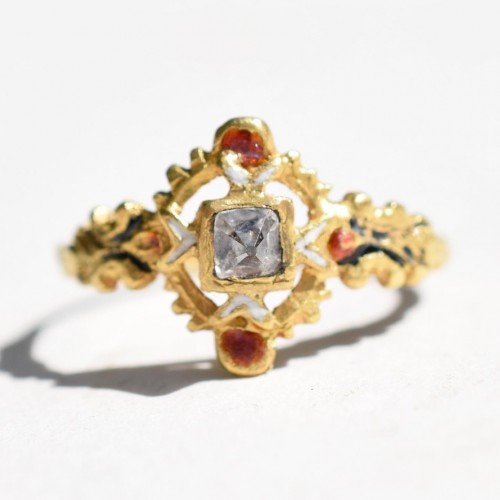 17th century - A High Carat Gold And Enamel Ring Set With A Point Cut Diamond. Spanish