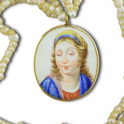 Antiquités - Gold And Enamel Pendant With Christ And The Virgin. French, 17th Century.