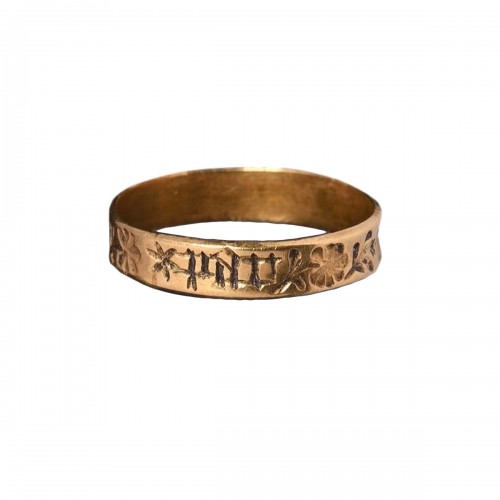 Gold black-letter posy ring, ‘Par bon foy’ - England 15th century