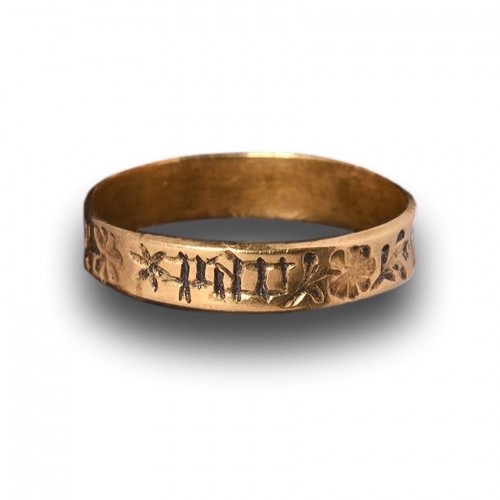 Antique Jewellery  - Rare gold black-letter posy ring, ‘Par bon foy’ - England 15th century