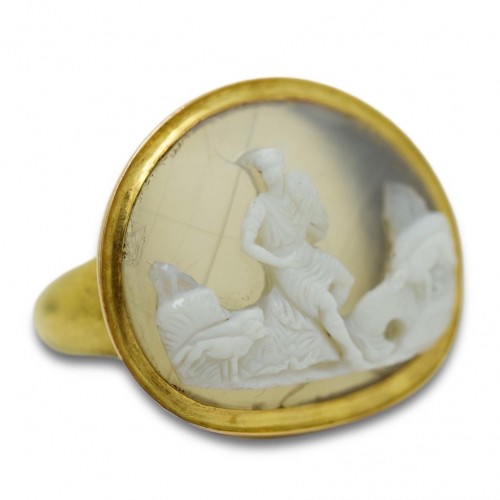 Bijouterie, Joaillerie  - Bague camée en agate d'Orphée charmant les animaux - Italie XVIe siècle