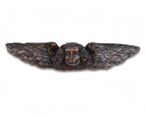 Antiquités - Relief en chêne d'une tête d'anges ailés, Angleterre début du XVIe siècle
